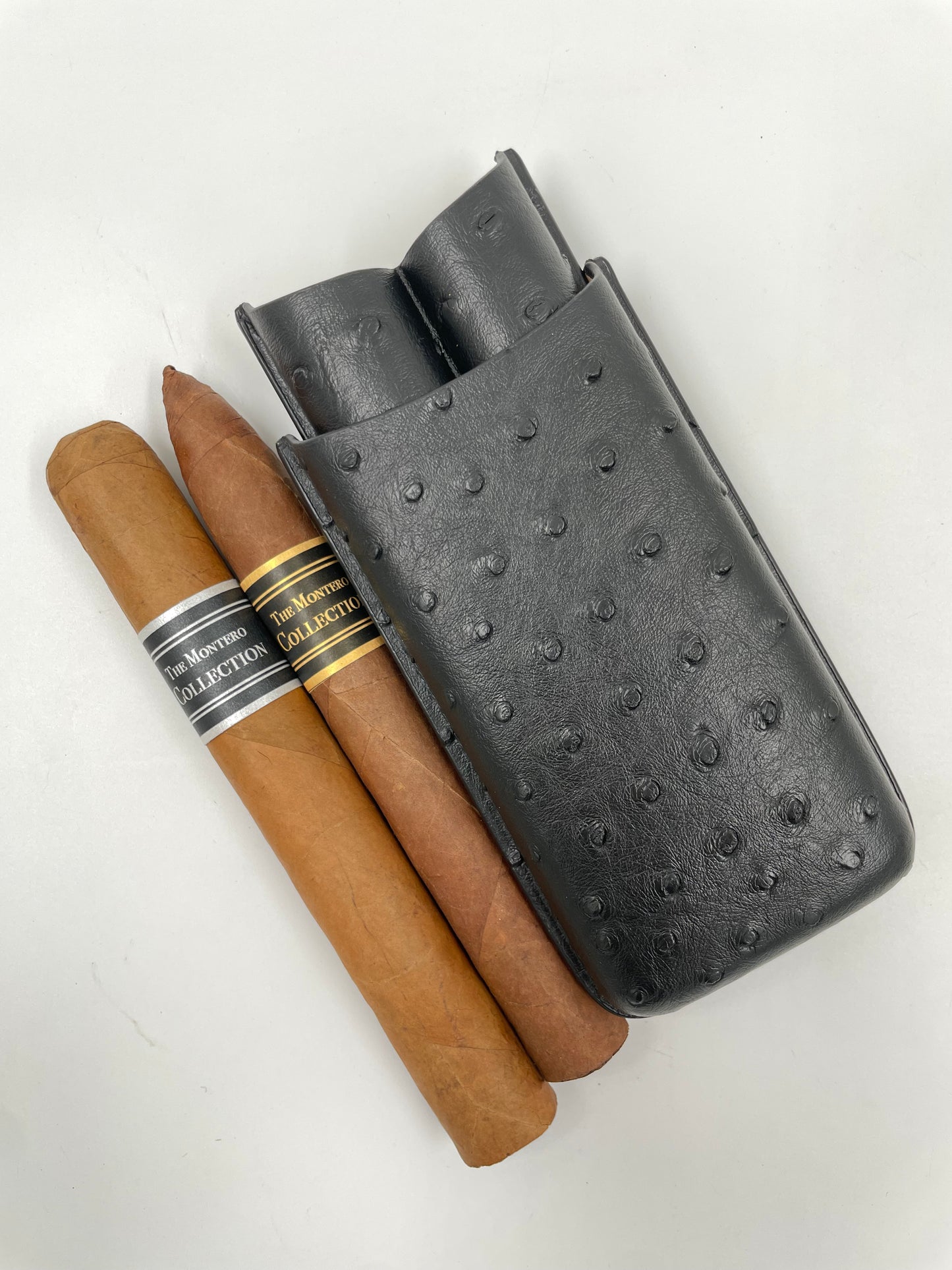 Ostrich Leather 2Ct Cigar Carry Case (Black)