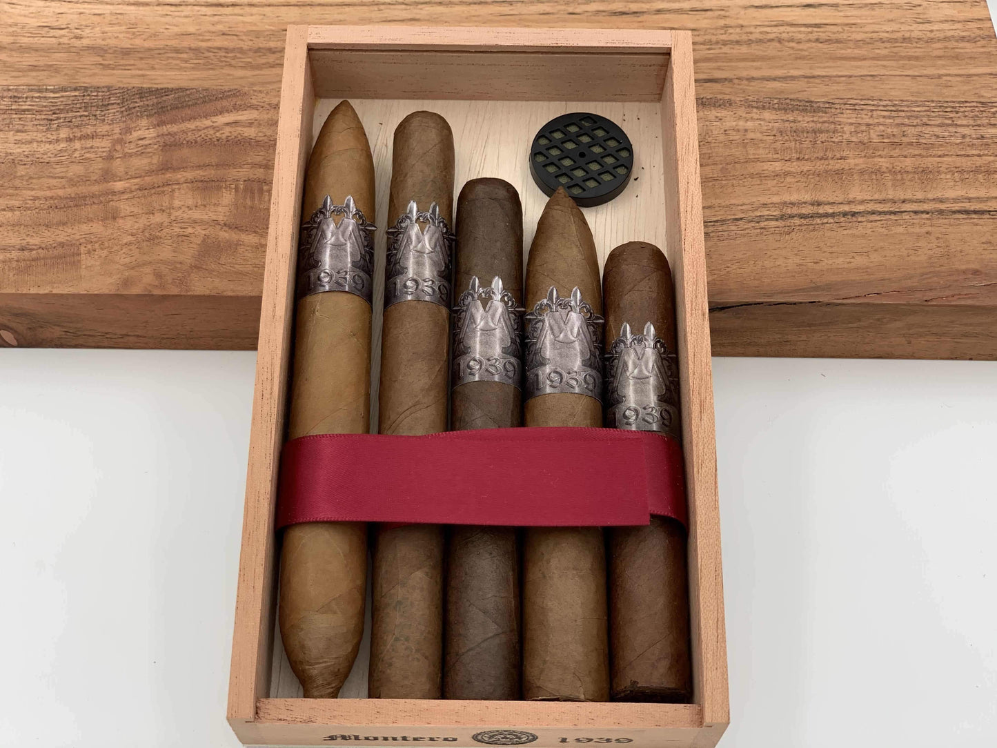 Montero 1939 - Pack of (5) Sampler Cigars & Cedar Wood Case Humidor (with see through cover)